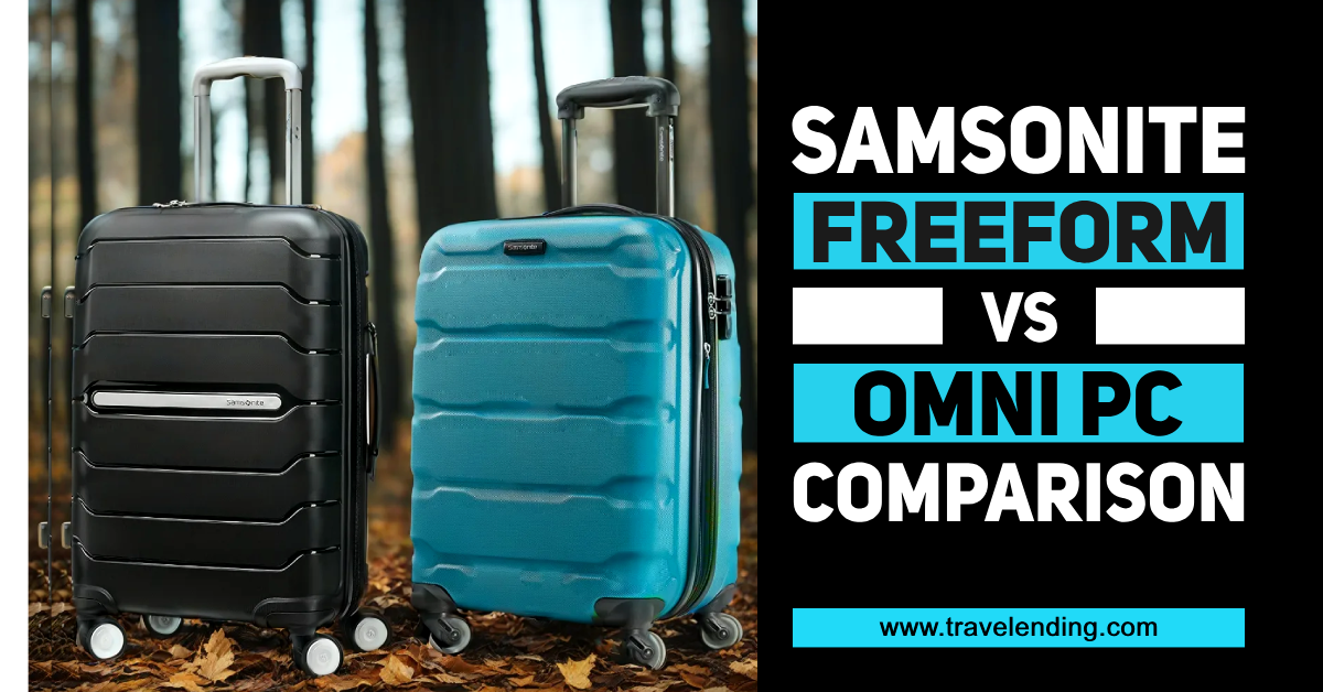 Two samsonite luggage, the samsonite freeform and the omni pc comparing side-by-side