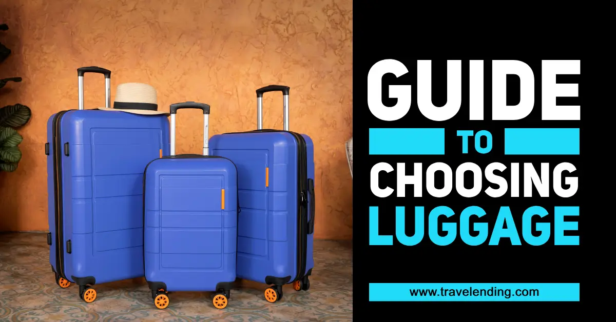 a set of suitcase standing beside the written text "guide to choosing luggage for international travel"