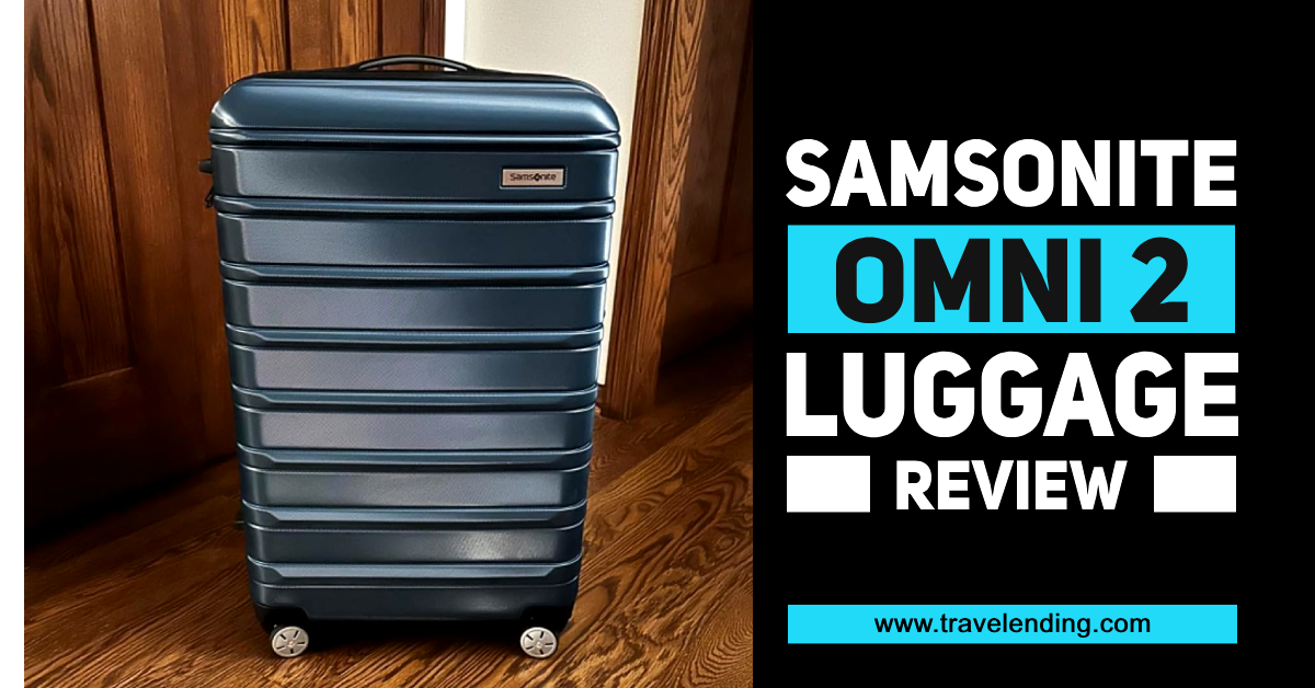 a blue color Samsonite Omni 2 hardside spinner luggage standing on wooden floor